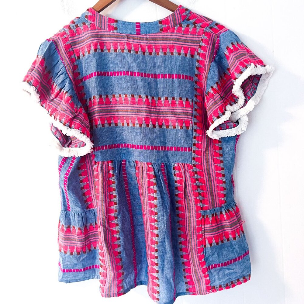 Thml Boho Denim Chambray Flutter Sleeve Embroider… - image 7